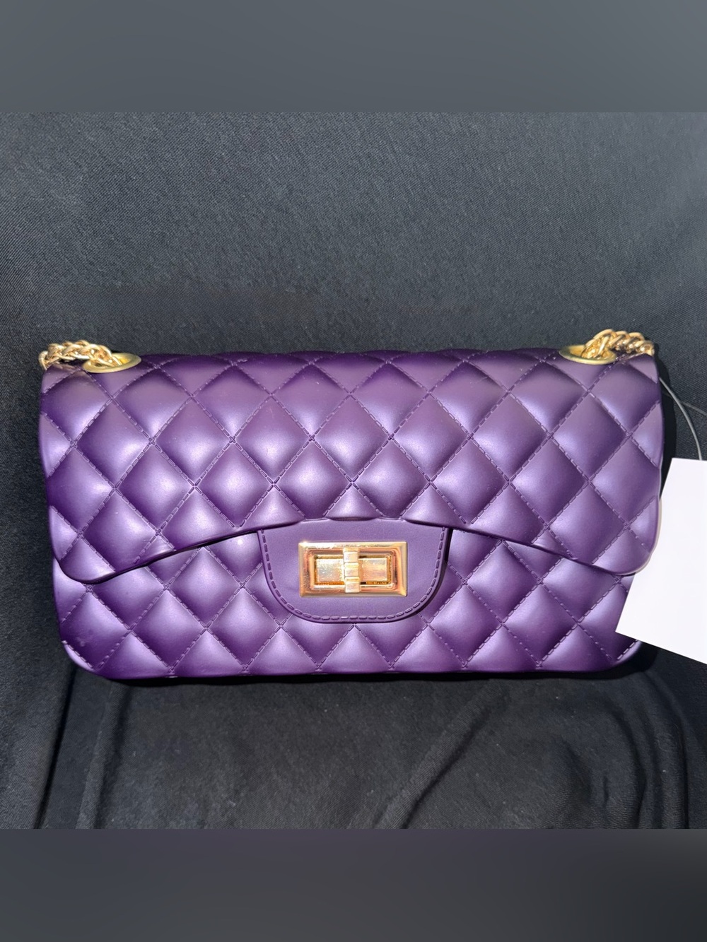 Quilted Jelly Handbag - Purple with Gold chain and hardware.